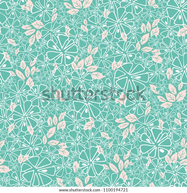 Vector turquoise wallpaper with white flowers and pink foliage seamless pattern.