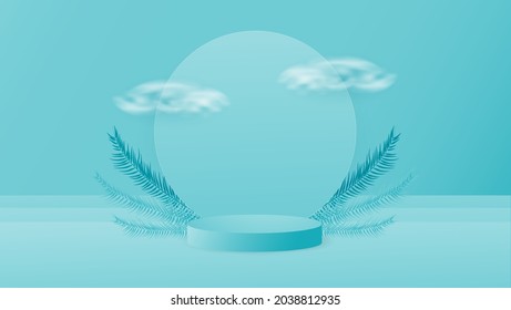 Vector turquoise 3d round podium, pedestal or platform with clouds and tropical leaves, background for cosmetic product presentation. Advertising place. Blank product stand in pastel colors