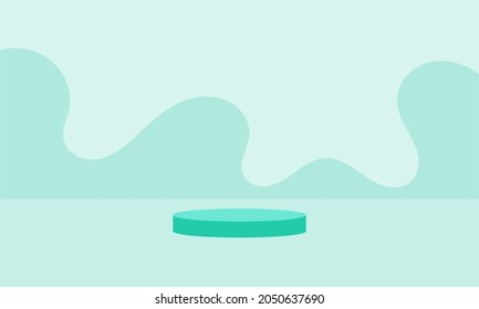 Podio circular en 3d, pedestal o plataforma con nubes y hojas tropicales, fondo para presentación de productos cosméticos. Lugar de publicidad. Soporte de producto en blanco en colores pastel