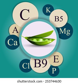 Vector turquoise background with peas and vitamins. Healthy food elements