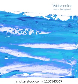Vector turquoise blue, indigo watercolor texture background, dry brush stains, strokes, spots isolated on white. Abstract marble frame, place for text or logo. Acrylic hand painted pours, fluid art.