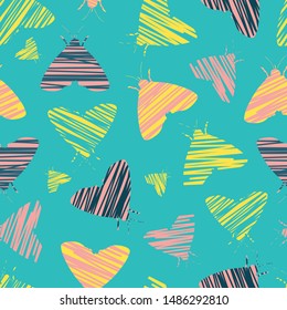 Vector turquoise blue moths shape abstract brush pattern. Suitable for gift wrap, textile or wallpaper.