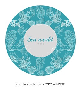 Vector turquoise frame of the water world, hand drawn with a line. Illustration for print,decor,design,postcards,web,as a background