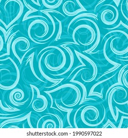 Vector turquoise geometric seamless pattern of flowing spirals curls and corners.Vector nautical geometric seamless texture of smooth and broken lines.Stylized turquoise pattern of water flow or waves