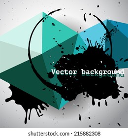 Vector turquoise geometric triangle abstract grunge background with black blots and stains, dirty template  illustration for poster or banner