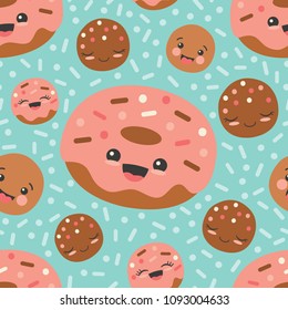 Vector Turquoise Happy Donuts Seamless Pattern Background. Perfect for fabric, scrapbooking, kids, kitchen, and home decor projects.