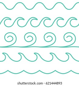 Vector turquoise line waves set on white background.