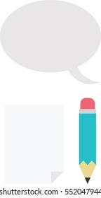 Vector turquoise pencil with blank paper and grey speech bubble.
