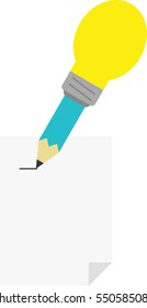 Vector turquoise pencil with yellow light bulb tip drawing line on paper.