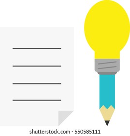 Vector turquoise pencil with yellow light bulb tip with lined paper.