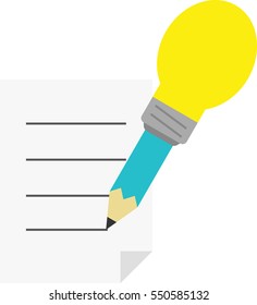 Vector turquoise pencil with yellow light bulb tip drawing lines on paper.