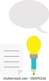 Vector turquoise pencil with yellow light bulb tip with lined paper and grey speech bubble.