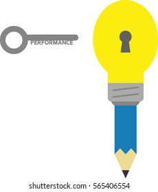 Vector turquoise pencil with yellow light bulb tip and keyhole and grey performance key.