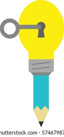 Vector turquoise pencil with yellow light bulb tip and keyhole and grey key.