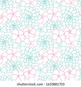 Vector turquoise and pink flowers seamless pattern with white background
