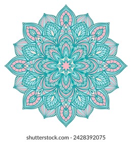 Vector turquoise and pink mandala. Oriental round design element for any surface. 