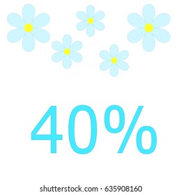 Vector turquoise price tag labels with 40%.White background with blue flowers. For summer sale campaign.