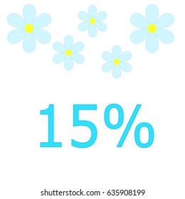 Vector turquoise price tag labels with 15%.White background with blue flowers. For summer sale campaign.