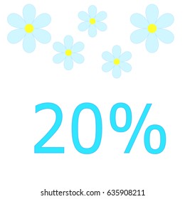 Vector turquoise price tag labels with 20%.White background with blue flowers. For summer sale campaign.