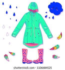Vector turquoise raincoat and rain boots on white background with rain drops, autumn leaves, rain cloud - sign, symbol, vector illustration
