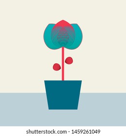 Vector turquoise and red flower in a blue pot. The petals and leaves have line textures that give it depth. Ideal for print  to decorate home, greeting card, bedroom decoration