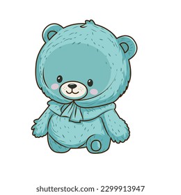 Vector turquoise soft teddy bear with checkered scarf icon. Vector childrens toy icon