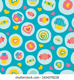 Vector turquoise sweet love candy seamless pattern background. Perfect for fabric, wallpaper, giftwrap, bedding, bags, clothes, kitchen, bakery store, scrapbooking art and packaging design projects