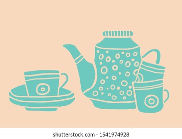 vector turquoise tea set on pink background
