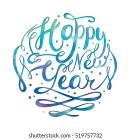 Vector turquoise text on white background. Happy New Year lettering for invitation and greeting card, prints and posters. Hand drawn inscription, calligraphic design.