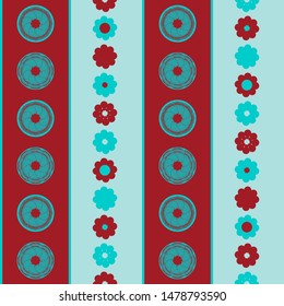 Vector turquoise and vermilion flowers, with different sizes and shapes seamless pattern. Located in rows.  Flowers that appear to be rosettes. Modern and striking design ideal for interior design.