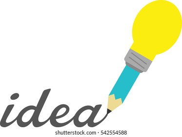 Vector turquoise yellow light bulb-tipped pencil writing word idea.