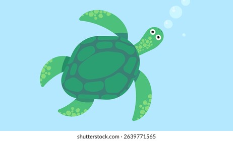 Vector Turtle Flat: Marine Life Graphic from Above. This graphic features a cheerful sea turtle with a patterned shell, depicted underwater with air bubbles