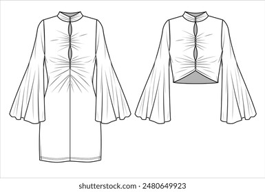 Vector cuello de tortuga de manga larga campana top fashion CAD, vestido de invierno de mujer con detalles de recolección dibujo técnico, Plantilla, boceto, plano, maqueta. Jersey o tela de costilla 2 piezas en color blanco