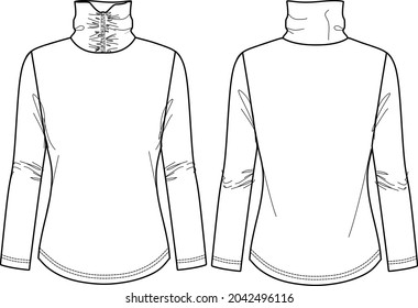 Vector turtle neck long sleeved t shirt fashion CAD, woman winter top with frill details technical drawing, template, sketch, flat, mock-up. Jersey or rib fabric top with front, back view, white color