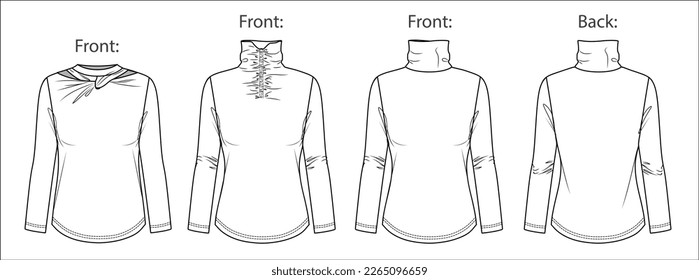 Vector turtle neck long sleeved t shirt fashion CAD, woman winter top with frill details technical drawing, template, sketch, flat, mock-up. Jersey or rib fabric top with front, back view, white color