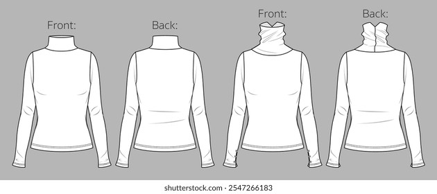 Camiseta de manga larga con cuello de tortuga de Vector fashion CAD, top de mujer de invierno con detalles de volantes, dibujo técnico, Plantilla, boceto, plano, maqueta. Top de tejido de jersey o canalé con vista frontal, trasera, color blanco