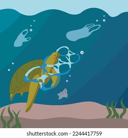 Vector of turtle swimming in the ocean with six pack rings wrapped around its neck and lots of garbage floating around it	