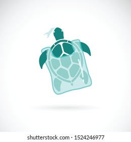 Vector of turtle trapped in a plastic bag on white background. Underwater animal.