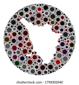 Composición del mapa de la región de la Toscana vectora del virus del SARS. La infección ataca el territorio de bloqueo desde el espacio. Collage del mapa de la región de Toscana diseñado con iconos de infección.