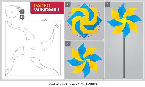 Vector tutorial. How to make a paper windmill for kids. Design for print.