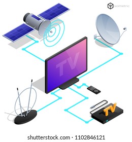 Vector tv antenna, realistic satellite antenna TV router, tv isometric icons.