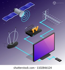Vector tv antenna, realistic satellite antenna TV router, tv isometric icons.