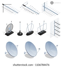 Vector tv antenna, realistic satellite antenna TV router, tv isometric icons.