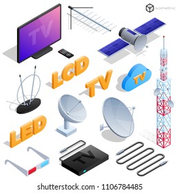 Vector tv antenna, realistic satellite antenna TV router, tv isometric icons.