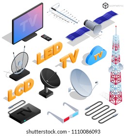 Vector tv antenna, realistic satellite antenna TV router, tv isometric icons.