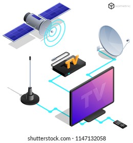 Vector tv antenna, realistic satellite antenna TV router, tv isometric icons.