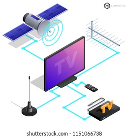 Vector tv antenna, realistic satellite antenna TV router, tv isometric icons.