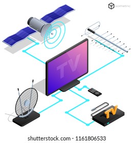 Vector tv antenna, realistic satellite antenna TV router, tv isometric icons.