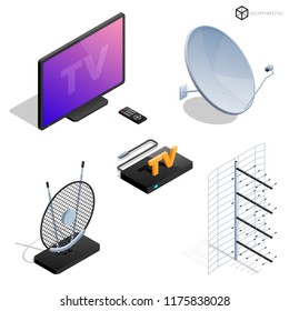 Vector tv antenna, realistic satellite antenna TV router, tv isometric icons.