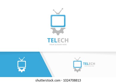 Vector tv and gear logo combination. Television and mechanic symbol or icon. Unique media and industrial logotype design template.